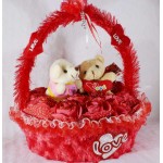 Beautiful Red Basket of Imported Roses with Love Couple Teddy Bears